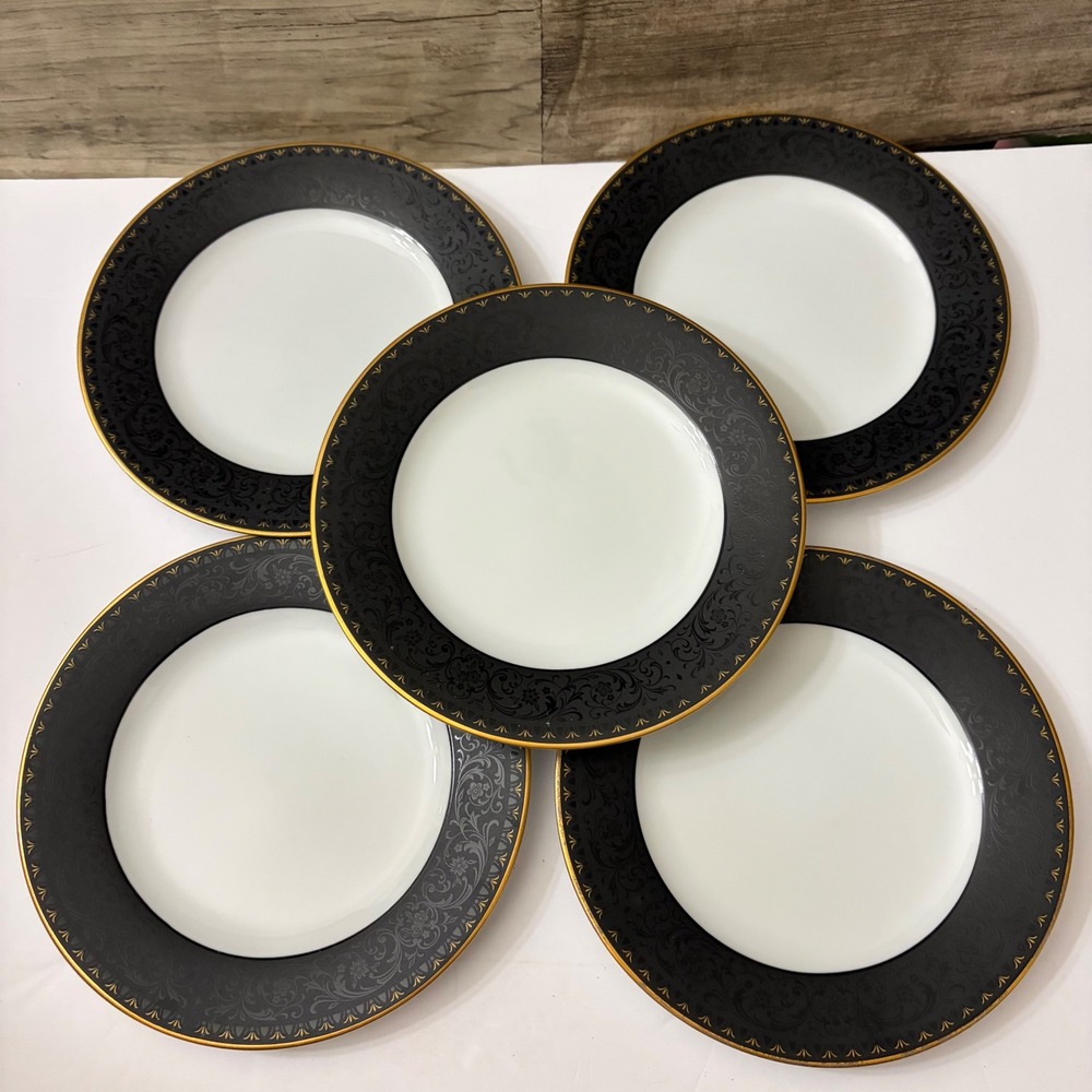Noritake Benedicta 6976 Salad Plates Set of 5 Black Gold Floral Fine China Japan